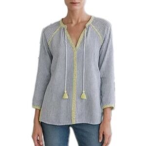 Spartina 449 Women Large Embroidered Linen Peasant Top Blue Stripe Yellow White
